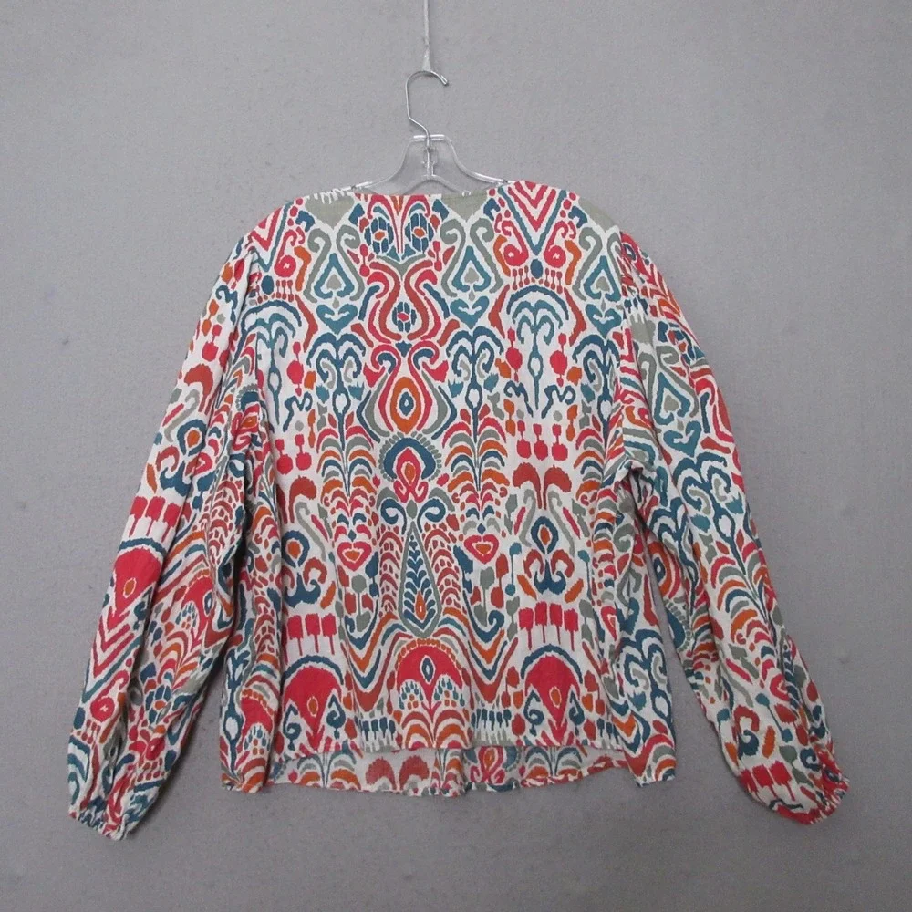 Boden Top Ikat Linen Balloon Puff Sleeve Boho Colorful Boho Coastal Peasant